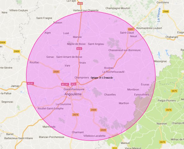 Une carte avec un cercle d'une superficie de 25 km autour de Brie correspondant à la zone couverte sans frais supplémentaires par optique 16 à domicile. On y aperçoit les communes de Tusson, Aigre, Luxé Mansle, Saint-Claud, NIeul, Maine-de-Boixe, Saint-Angeau, Chasseneuil-sur-Bonnieure, Rouillac, Genac, Saint-Amant-de-Boixe, Anais, Vars, Rivières, La Rochefoucauld, Champniers, Gond-Pontouvre, Angoulême, Chazelles, Montbron, Ecuras, Montbron, Eymouthiers, Chazelles, Marthon, La Couronne, Roullet-Saint-Estèphe, Charmant, Villebois-Lavalette